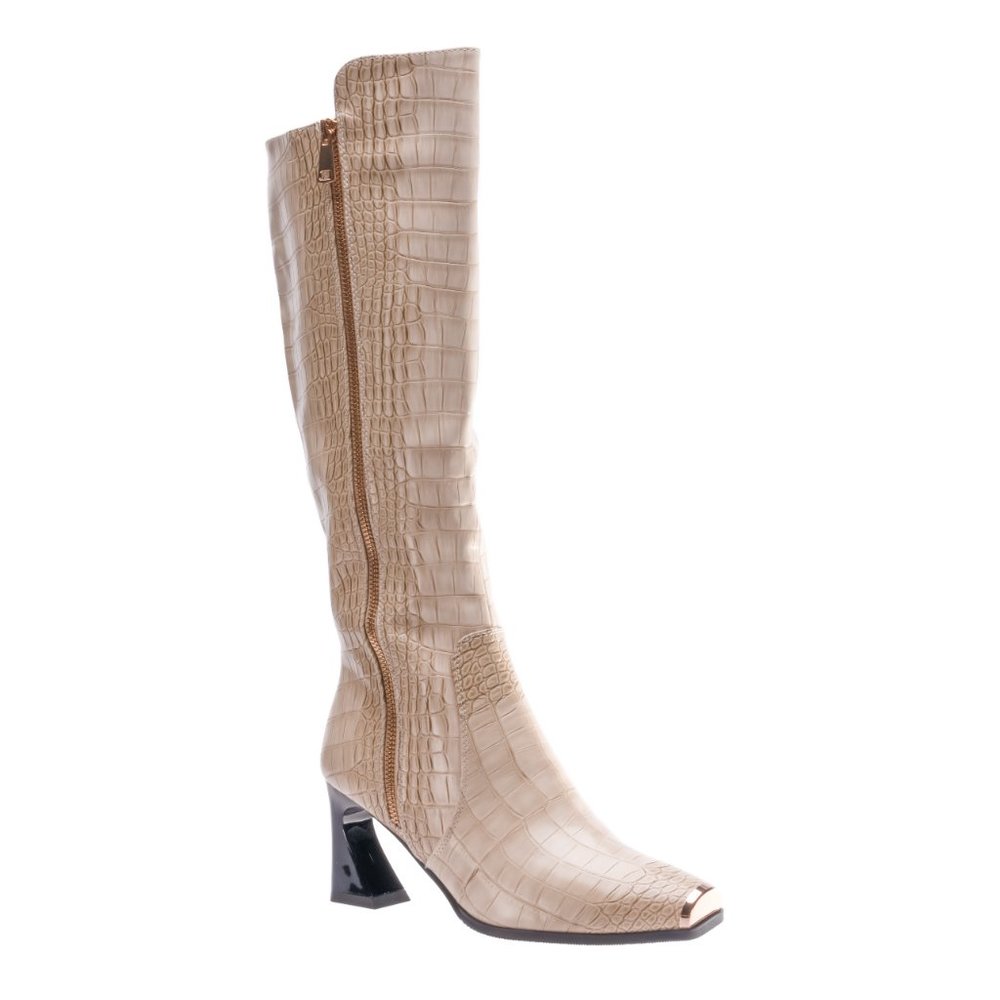 Stylish Vintage Beige Fashion Leather Knee High Heel Crocodile Boot